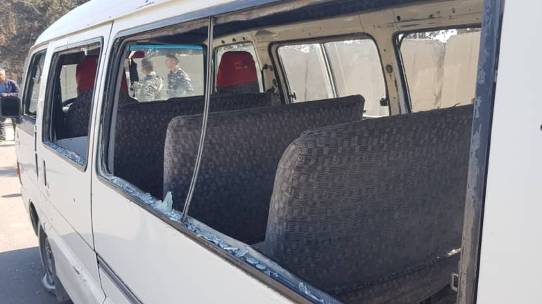 A civilian bus was damaged in the Turkish drone strike on Thursday, Feb. 24, 2022 (Photo: ANHA)