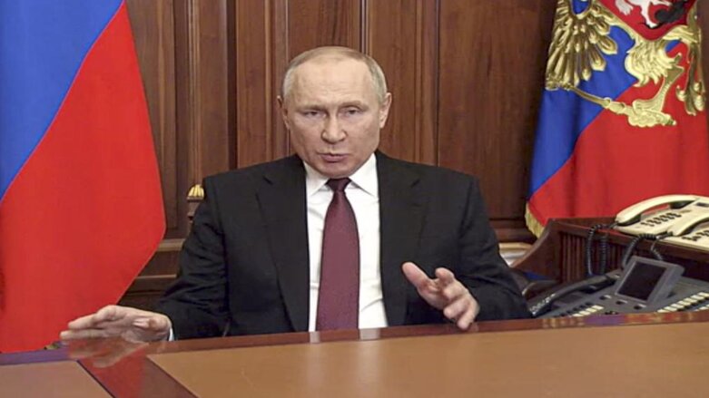 In this image made from video released by the Russian Presidential Press Service, Russian President Vladimir Putin addressees the nation in Moscow, Russia, Thursday, Feb. 24, 2022. (Photo: Russian Presidential Press Service via AP)