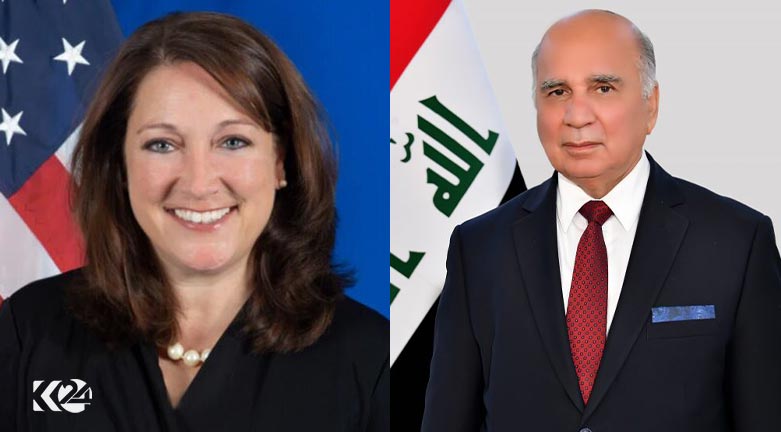 Jennifer Gavito (left), Deputy Assistant Secretary of State for Iran, Iraq, and Public Diplomacy, and Fuad Hussein, the Deputy Prime Minister and Foreign Minister of Iraq. (Photo: Designed by Kurdistan 24)