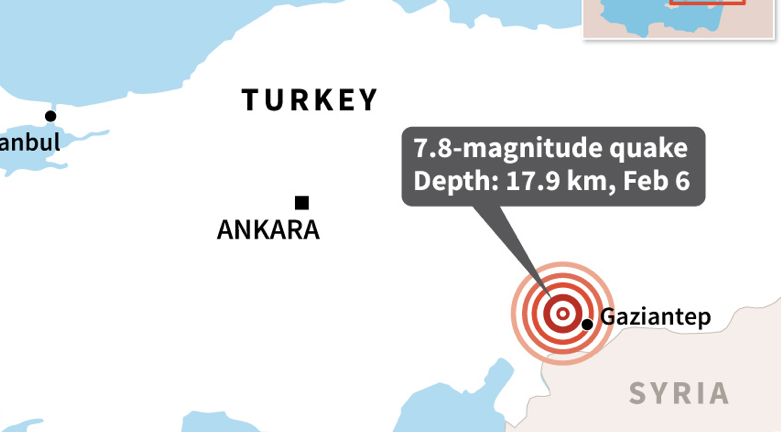 Map of Turkey locating the epicentre of a 7.8-magnitude earthquake that struck on Monday (Photo: LAURENCE SAUBADU/AFP)