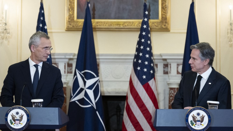 NATO Secretary General Jens Stoltenberg and US Secretary of State Antony Blinken hold a press conference in the Benjamin Franklin Room of the State Department in Washington, DC, on February 8, 2023 (Photo: Jim WATSON/AFP)