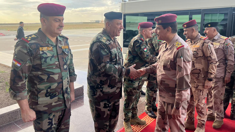 Members of the senior Iraqi military delegation (right) are received by the Kurdistan Region's Peshmerga officials in Erbil, Feb. 12, 2023. (Photo: Iraqi Ministry of Defense)