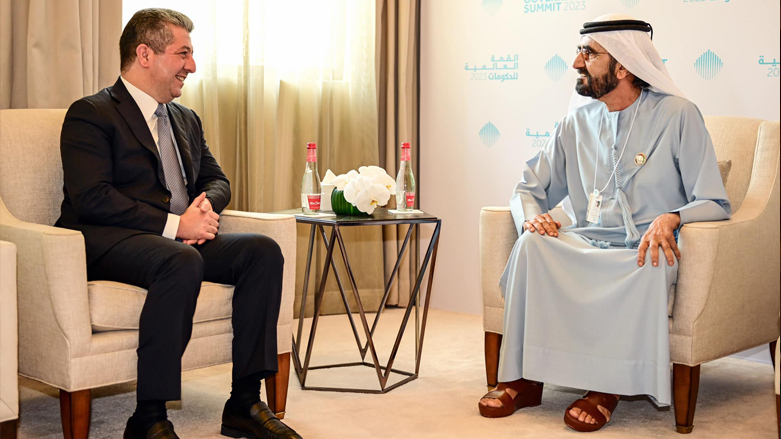 Kurdistan Region Prime Minister Masrour Barzani (left) during his meeting with UAE Vice President, Ruler of Dubai, and Prime Minister Mohammed bin Rashid Al Maktoum, Feb. 12, 2023. (Photo: KRG)