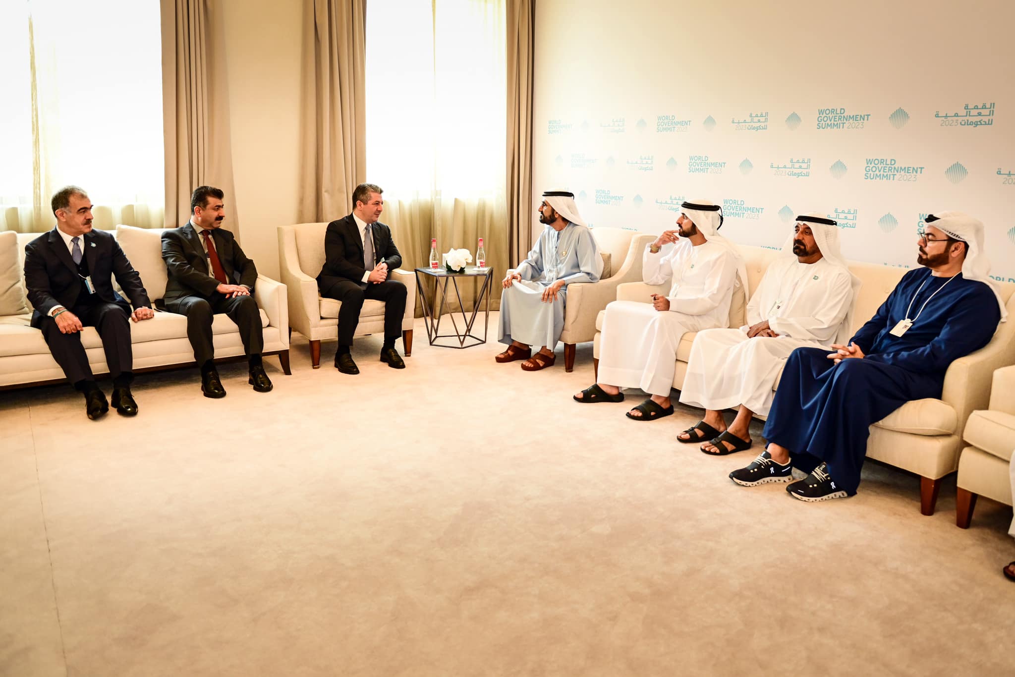 Kurdistan Region Prime Minister Masrour Barzani (third from left) during his meeting with UAE Vice President, Ruler of Dubai, and Prime Minister Mohammed bin Rashid Al Maktoum, Feb. 12, 2023. (Photo: KRG)