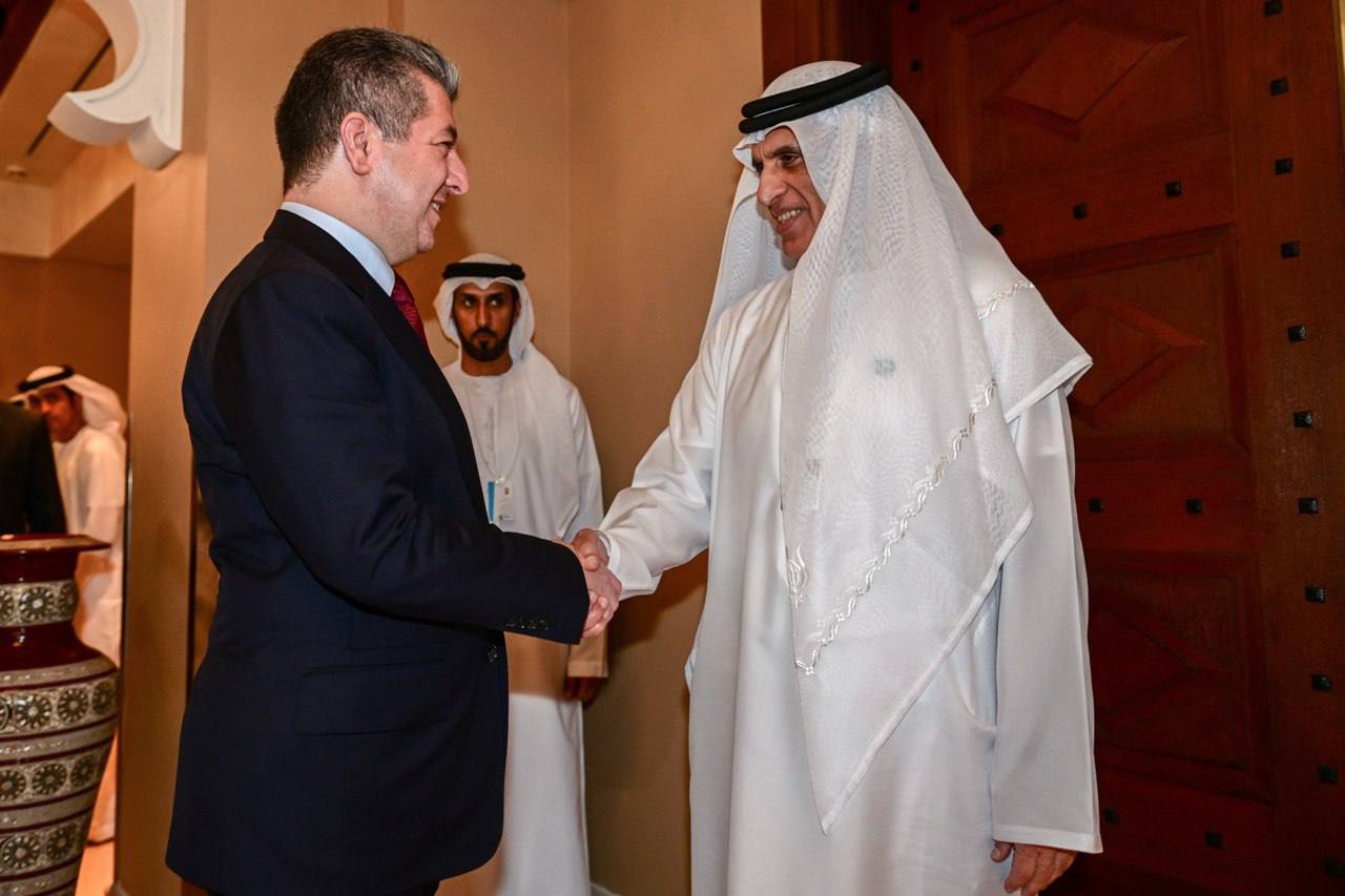 Kurdistan Region Prime Minister Masrour Barzani (left), shaking hands with Mohammed bin Saud bin Saqr Al Qasimi, the Crown Prince of the Emirate of Ras Al Khaimah, Feb. 13, 2023. (Photo: KRG)