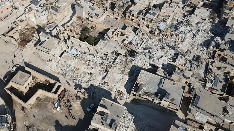 An aerial view shows collapsed buildings following last week's earthquake in Syria's rebel-held village of Atarib, in the northwestern Aleppo province, on February 14, 2023. (Photo: Aaref Watad/ AFP)