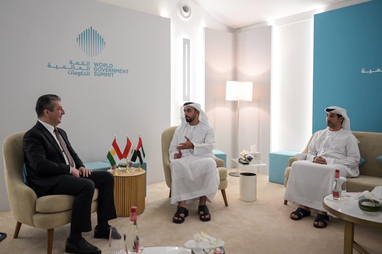 Kurdistan Region Prime Minister Masrour Barzani (left) during his meeting with the UAE Deputy Prime Minister and Minister of Interior Sheikh Saif Bin Zayed Al-Nahyan (top right), Feb. 15, 2023. (Photo: KRG)
