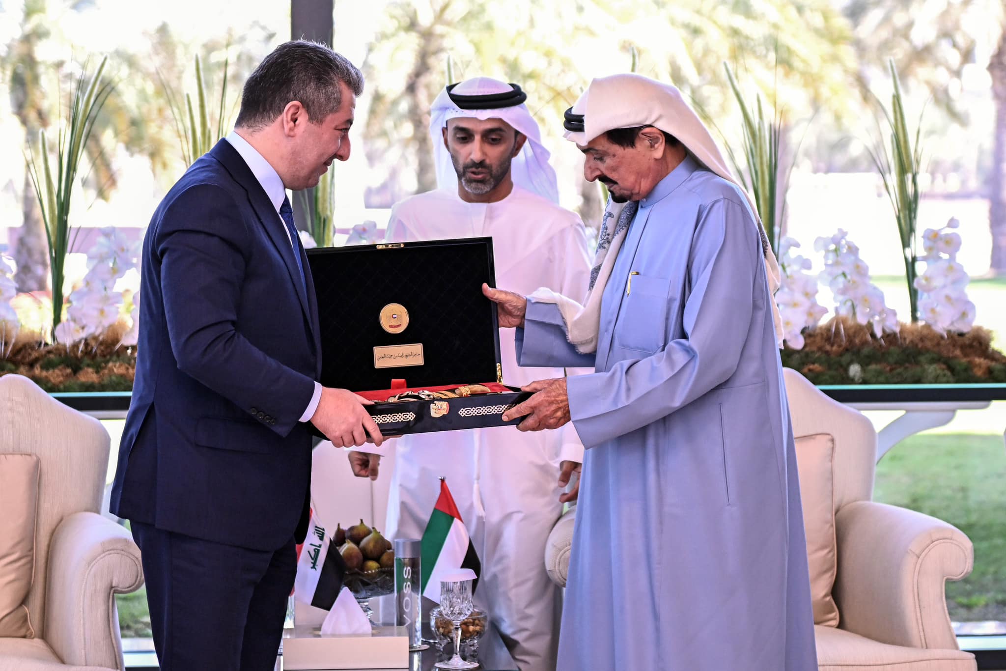 The Ajman Ruler of the United Arab Emirates (UAE) Sheikh Humaid Bin Rashid Al Nuaimi presenting a dagger to Kurdistan Region Prime Minister Masrour Barzani, Feb. 15, 2023. (Photo: KRG)