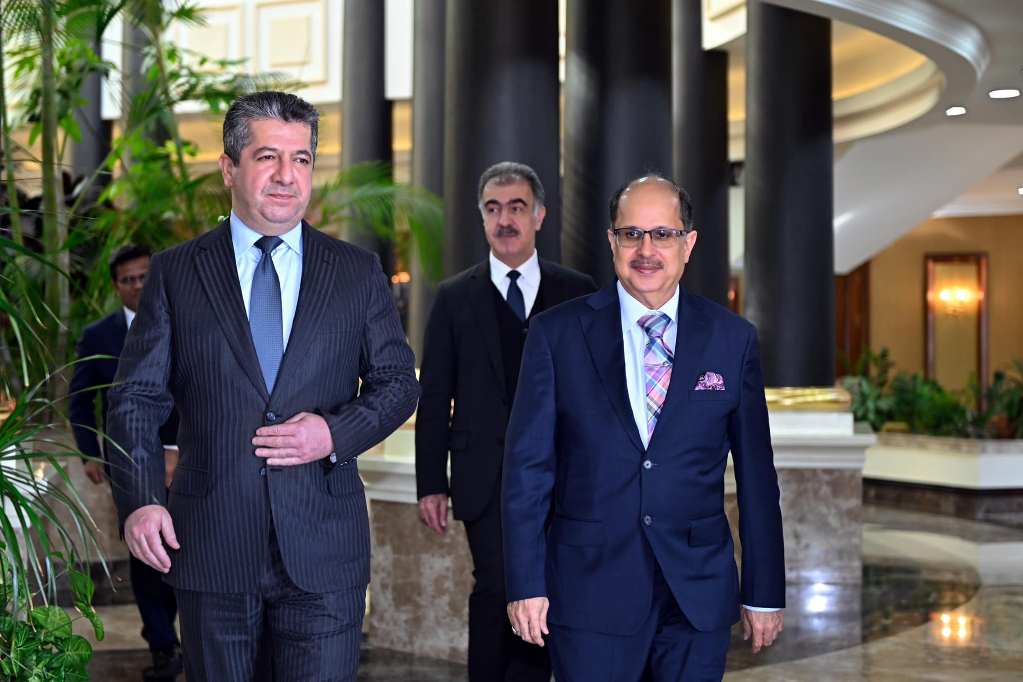 Prime Minister Masrour Barzani (right) walking with Ausaf Sayeed, Secretary (CPV & OIA) at the Ministry of External Affairs of India, Feb. 12, 2023. (Photo: KRG)
