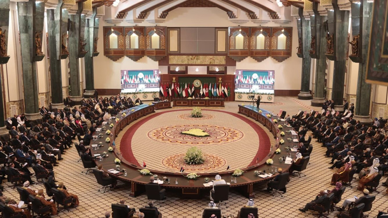 Representatives of 18 Arab countries, including speakers of parliaments and legislative authorities, gathering in Baghdad to participate in the 34th session of the Arab Inter-Parliamentary Union, Feb. 25, 2023. (Photo: Iraqi News Agency)