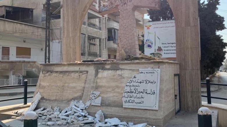 The Sayfo monument was heavily damaged by unknown perpetrators (Photo: Syriac Military Council).