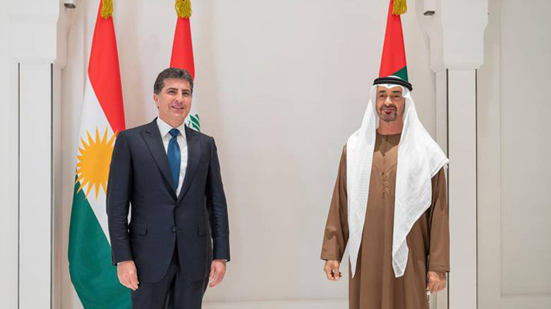 Kurdistan Region President Nechirvan Barzani (left) posing for a photo with the then-Abu Dhabi Crown Prince Mohamed bin Zayed Al-Nahyan, June 13, 2021. (Photo: Mohamed Al Hammadi/the UAE Ministry of Presidential Affairs)