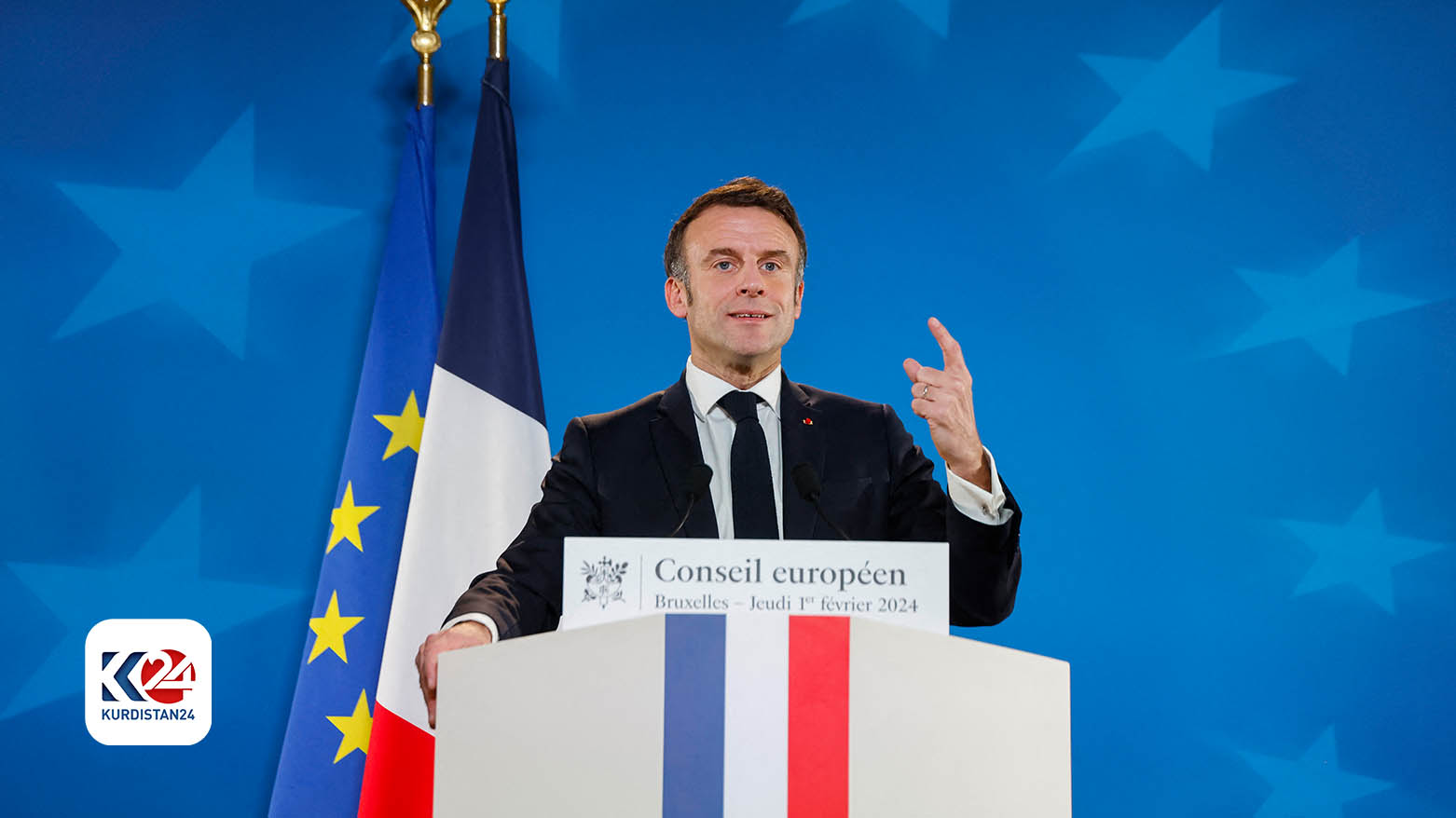 France's President Emmanuel Macron gestures as he addresses the audience during a press conference as part of a European Council meeting at the European headquarters in Brussels, Feb. 1, 2024. (Ludovic Marin/AFP)