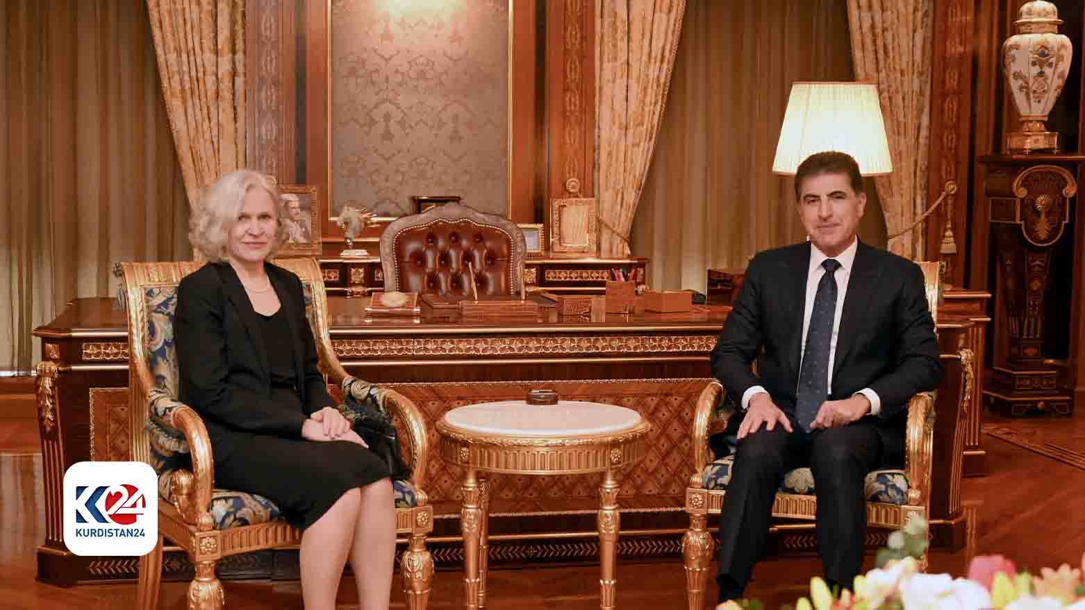 Kurdistan Region President Nechirvan Barzani (right) during his meeting with Finnish Ambassador to Iraq Anu Saarela, Jan. 4, 2024. (Photo: Kurdistan24)