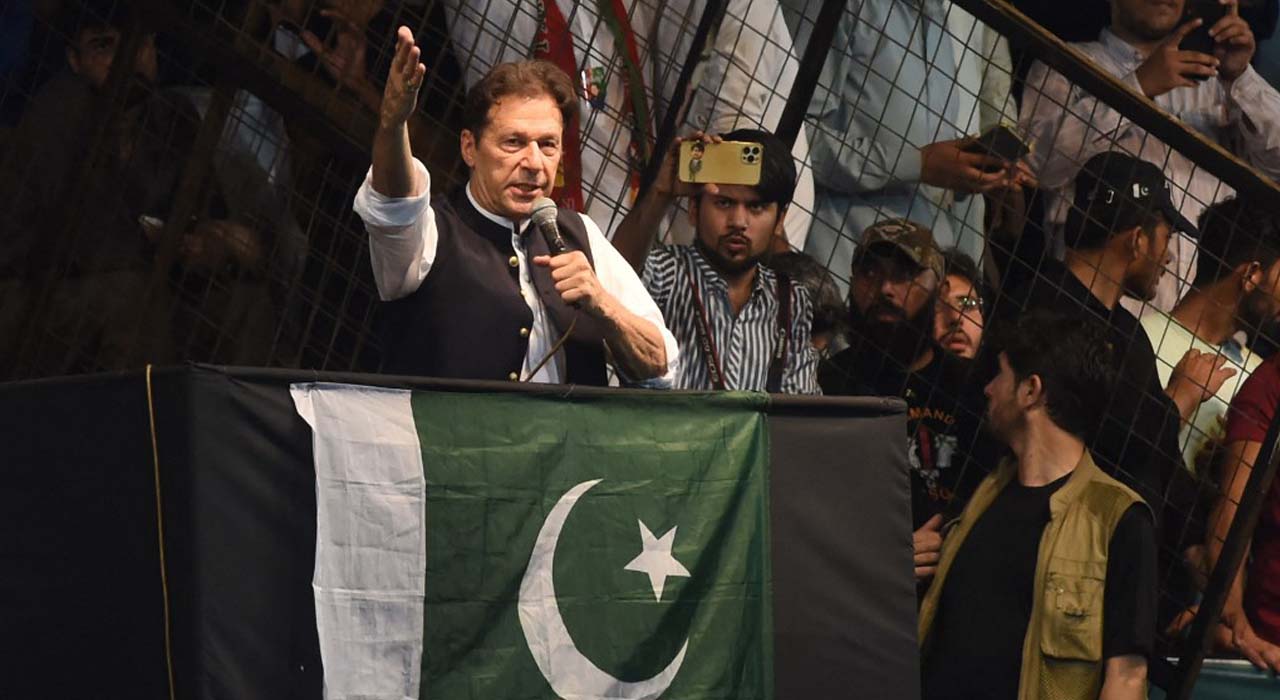 Pakistan's former Prime Minister and Pakistan Tehreek-e-Insaf party (PTI) chief Imran Khan, delivers a speech to his supporters during a rally celebrate the 75th anniversary of Pakistan's independence day in Lahore, Aug. 13, 2022. (Photo: A