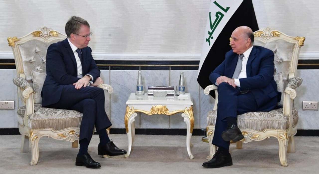Iraqi Minister of Foreign Affairs and Deputy Prime Minister Fuad Hussein (right) during his meeting with newly appointed French Ambassador to Iraq Patrick Durel, Feb. 5, 2024. (Photo: Iraqi Ministry of Foreign Affairs)