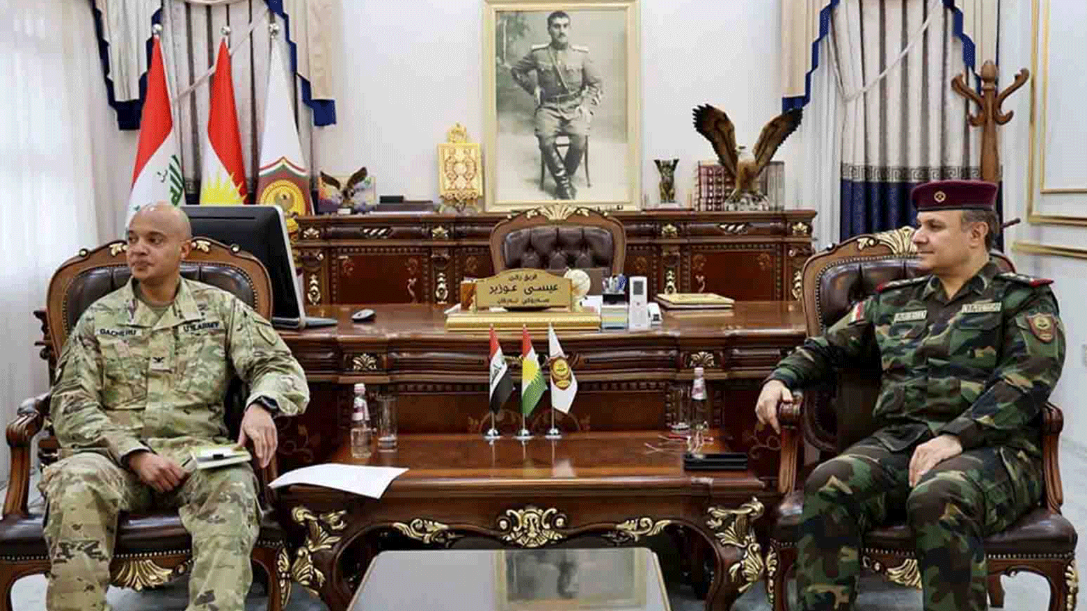 General Issa Ozer, the Peshmerga Ministry’s Chief of Staff (right), during his meeting with Colonel Mike Gachero, senior military advisor at the U.S. Consulate in Erbil, Feb. 5, 2024. (Photo: Kurdistan24)