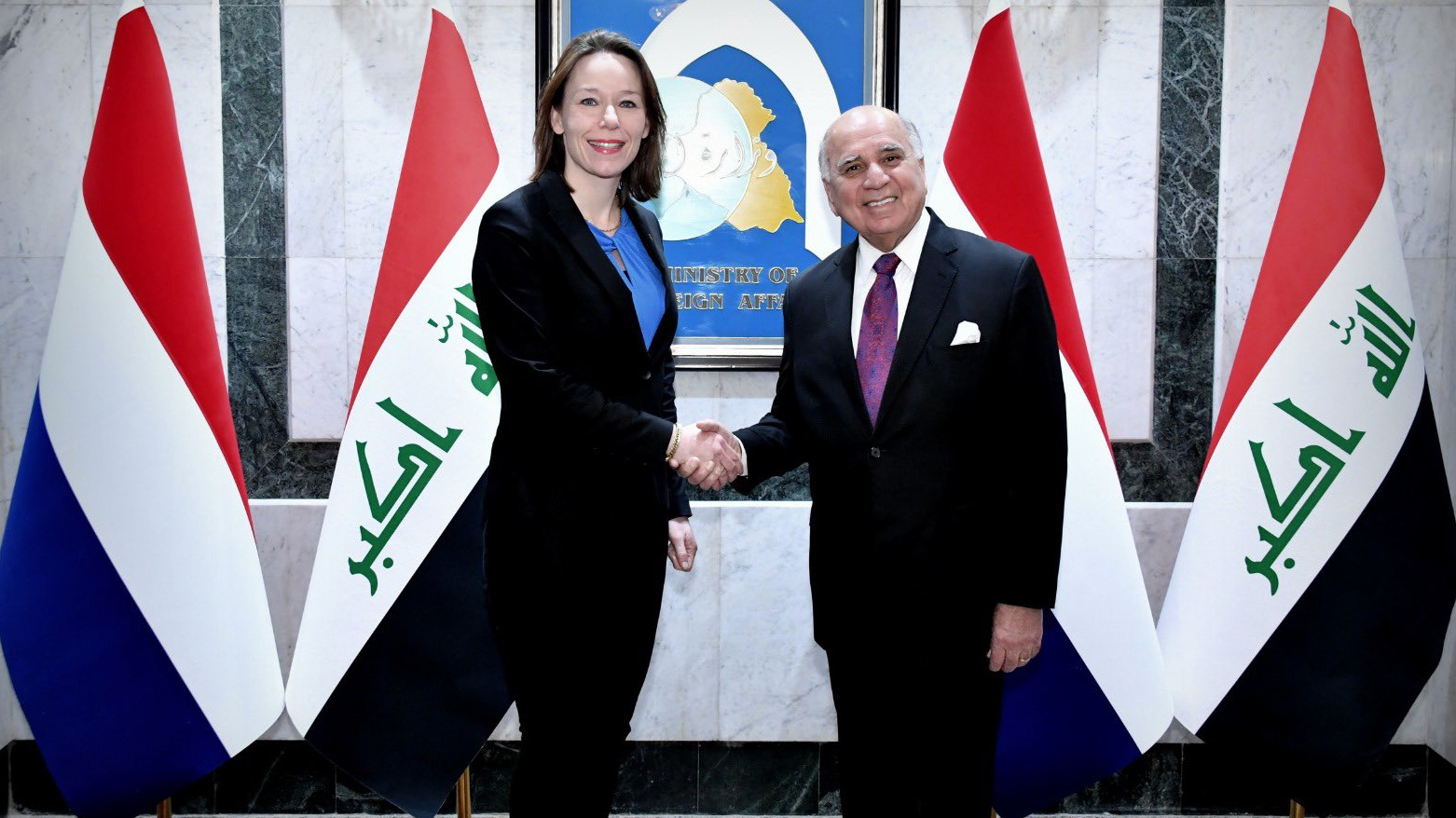 Iraqi Foreign Minister Fuad Hussein on Tuesday received Dutch Foreign Minister Hanke Bruins Slot, Feb. 6, 2024 (Photo: Fuad Hussein/X))