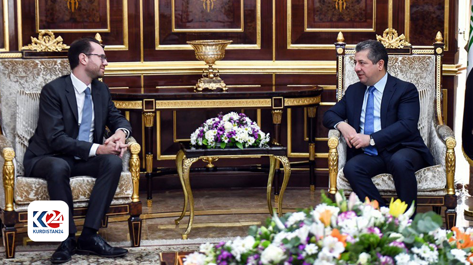 Kurdistan Region Prime Minister Masrour Barzani (right) during his meeting with the new British Consul General in the Kurdistan Region, James Goldman, Feb. 6, 2024. (Photo: KRG)