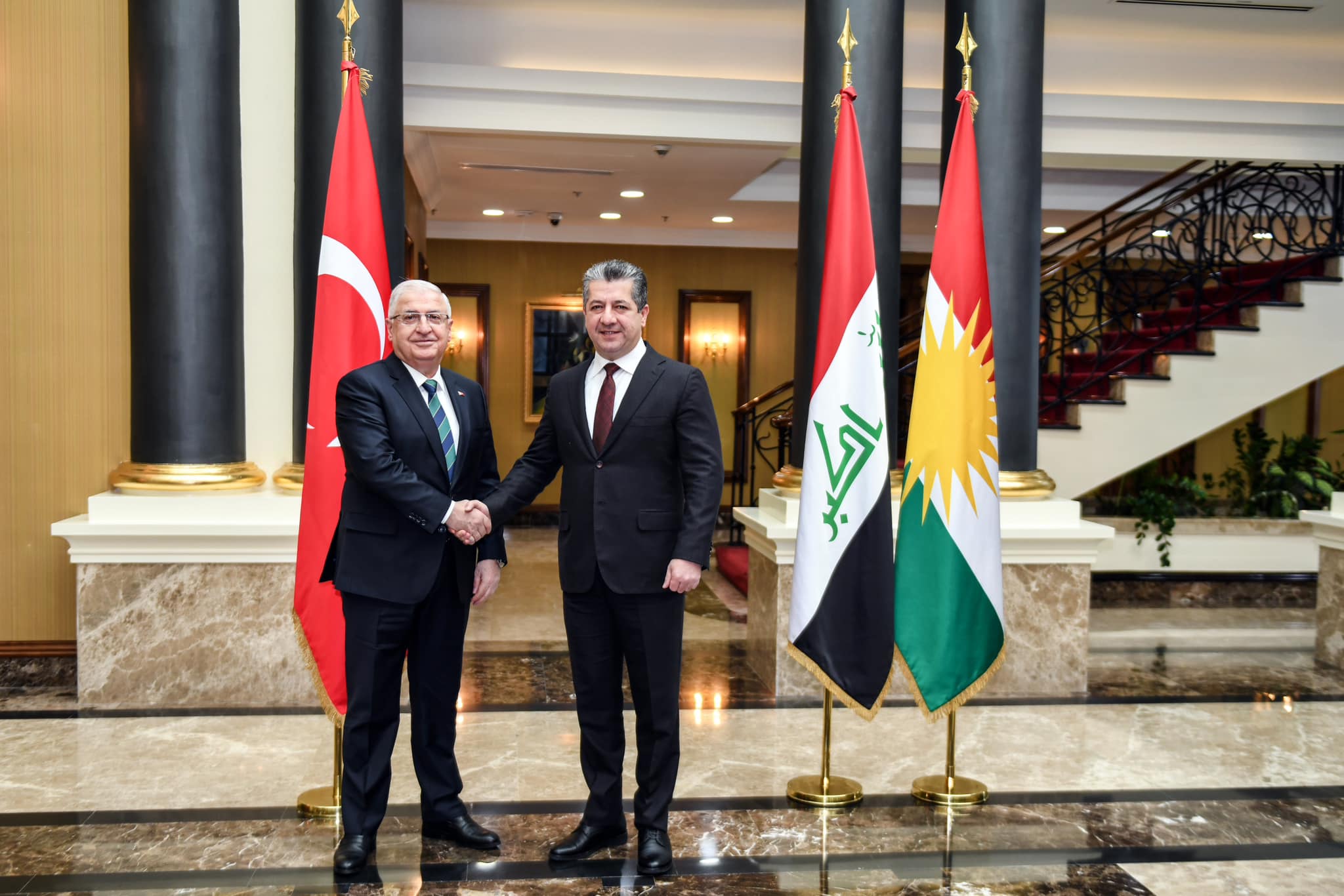 Kurdistan Region Prime Minister Masrour Barzani (right) shaking hands with the Turkish National Defense Minister Yaşar Güler in Erbil, Feb. 7, 2024. (Photo: KRG)