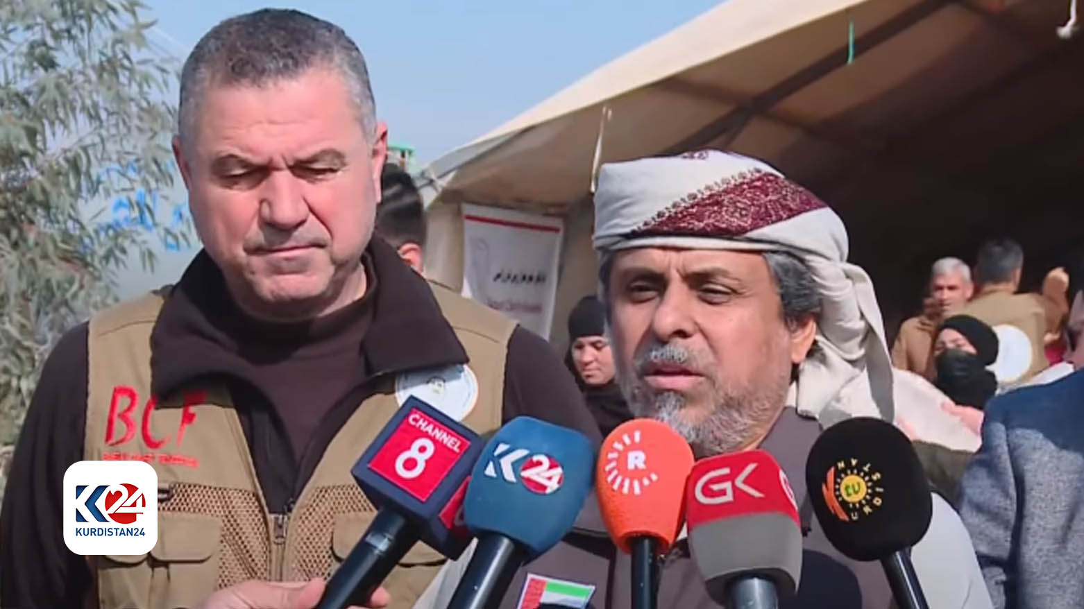 Mohamed Khamis al-Hakam, the Administrative Coordinator of Projects at Zayed Charitable and Humanitarian Foundation, speaking at the presser, Feb. 9, 2024. (Photo: Kurdistan24)