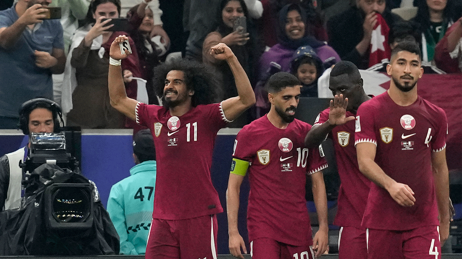 Qatar's Akram Afif celebrates after scoring a goal during the Asian Cup final soccer match between Qatar and Jordan at the Lusail Stadium in Lusail, Qatar, Saturday, Feb. 10, 2024. (Photo: AP)