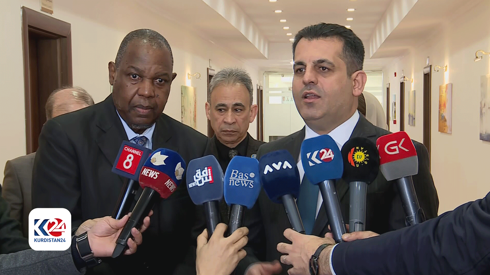 Georges Alfred Ki-Zerbo (left), the new WHO Representative and Head of Mission in Iraq, speaking at the press conference, Feb. 11, 2024. (Photo: Kurdistan24)