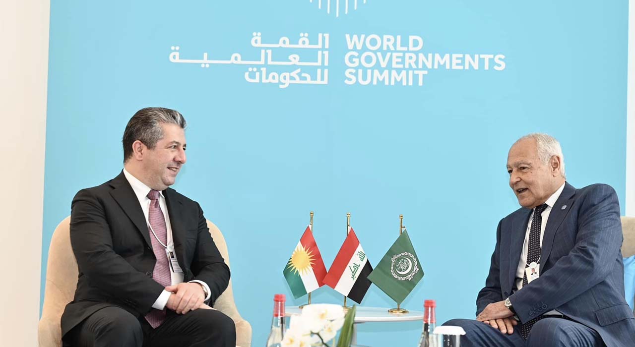 Kurdistan Region Prime Minister Masrour Barzani (left) during his meeting with Arab League Secertary General Ahmed Aboul Gheit in Dubai, the UAE, Feb. 13, 2024. (Photo: KRG)