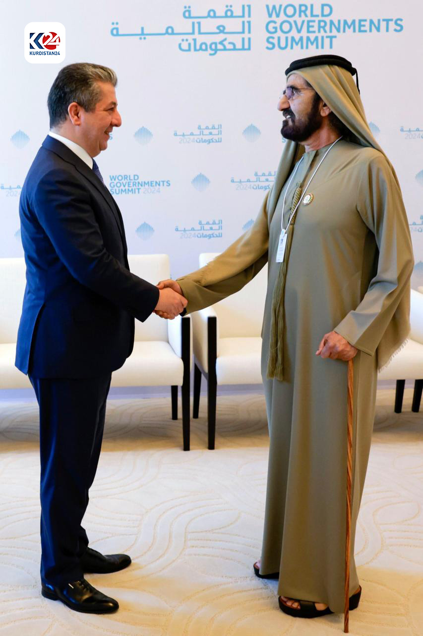 Kurdistan Region Prime Minister Masrour Barzani (left) shaking hands with the UAE Vice President Sheikh Mohammed bin Rashid Al Maktoum, Feb. 14, 2024. (Photo: KRG)