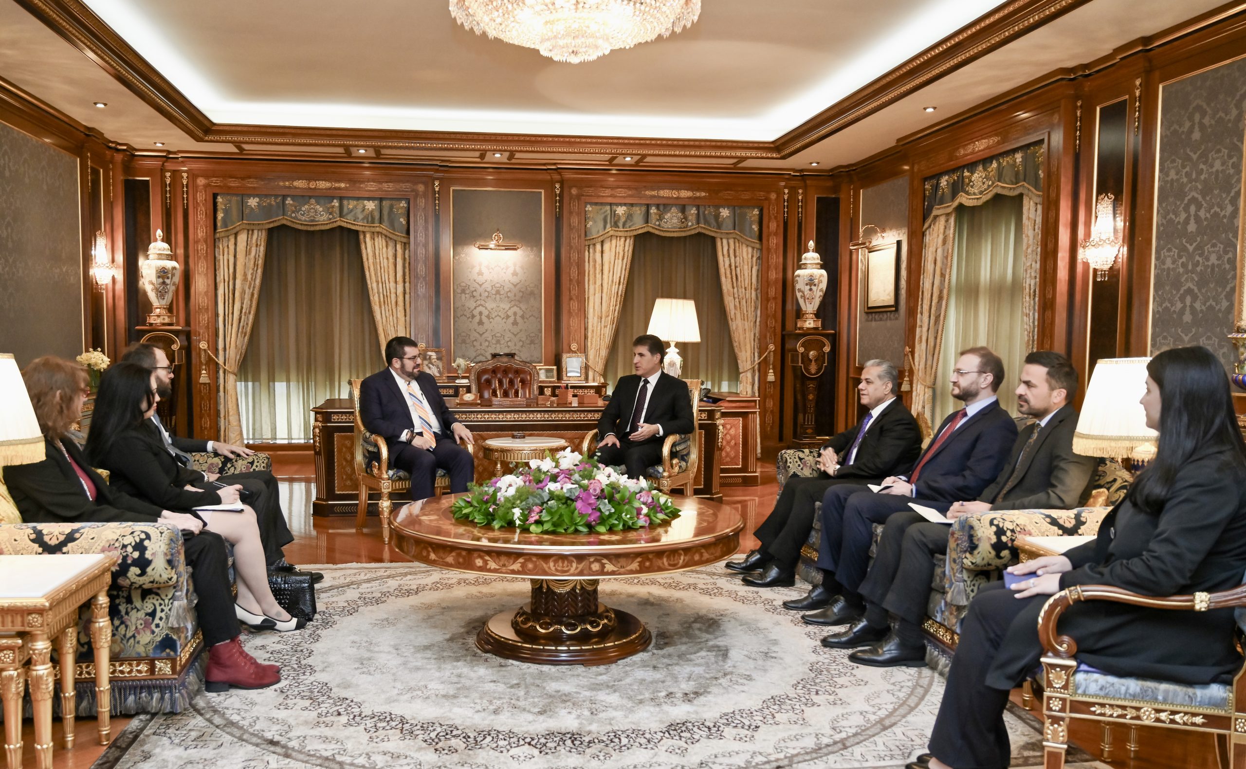 Kurdistan Region President Nechirvan Barzani (top right) during his meeting with Chargé d’Affaires of the United States Embassy in Iraq, David Burger, Feb. 14, 2024. (Photo: Kurdistan Region Presidency)