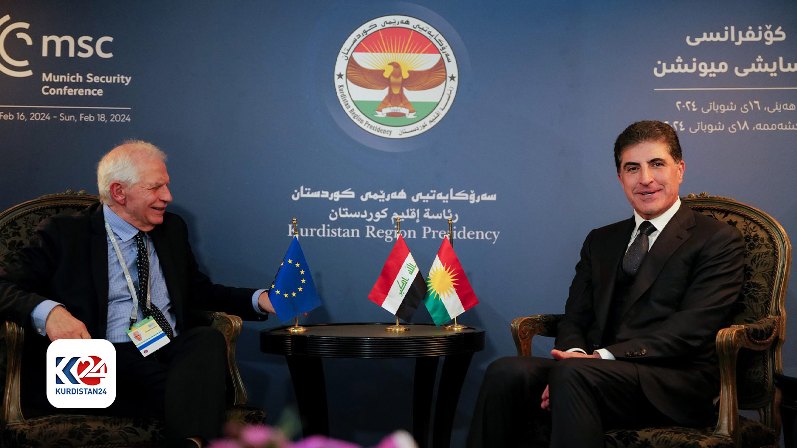 The President of Kurdistan Region Nechirvan Barzani (right) during his meeting with the High Representative of the European Union for Foreign Affairs and Security Policy,Josep Borrell, Feb. 18, 2024. (Photo: Kurdistan Region Presidency)