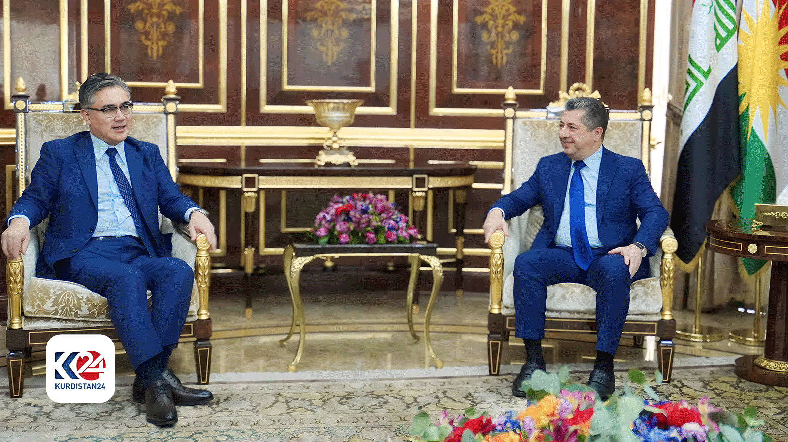 Kurdistan Region Prime Minister Masrour Barzani (right), during his meeting with Futoshi Matsumoto, the Japanese Ambassador to Iraq, Feb. 21, 2024. (Photo: KRG)