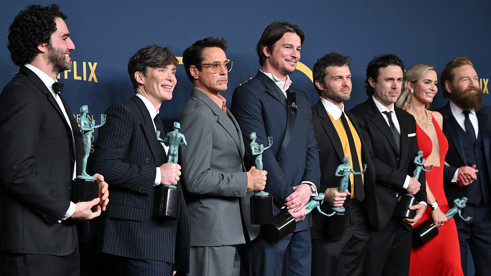 Winner of the Outstanding Performance by a Cast in a Motion Picture award for 'Oppenheimer' pose in the press room during the 30th Annual Screen Actors Guild Awards. (Photo: ROBYN BECK/AFP)