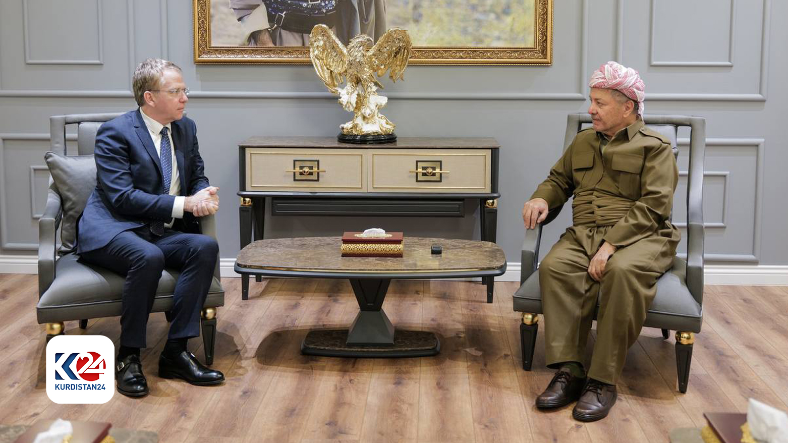 President Barzani (Right) during his meeting with Patrick Durel, the Ambassador of France (Left). (Photo: Kurdistan24)