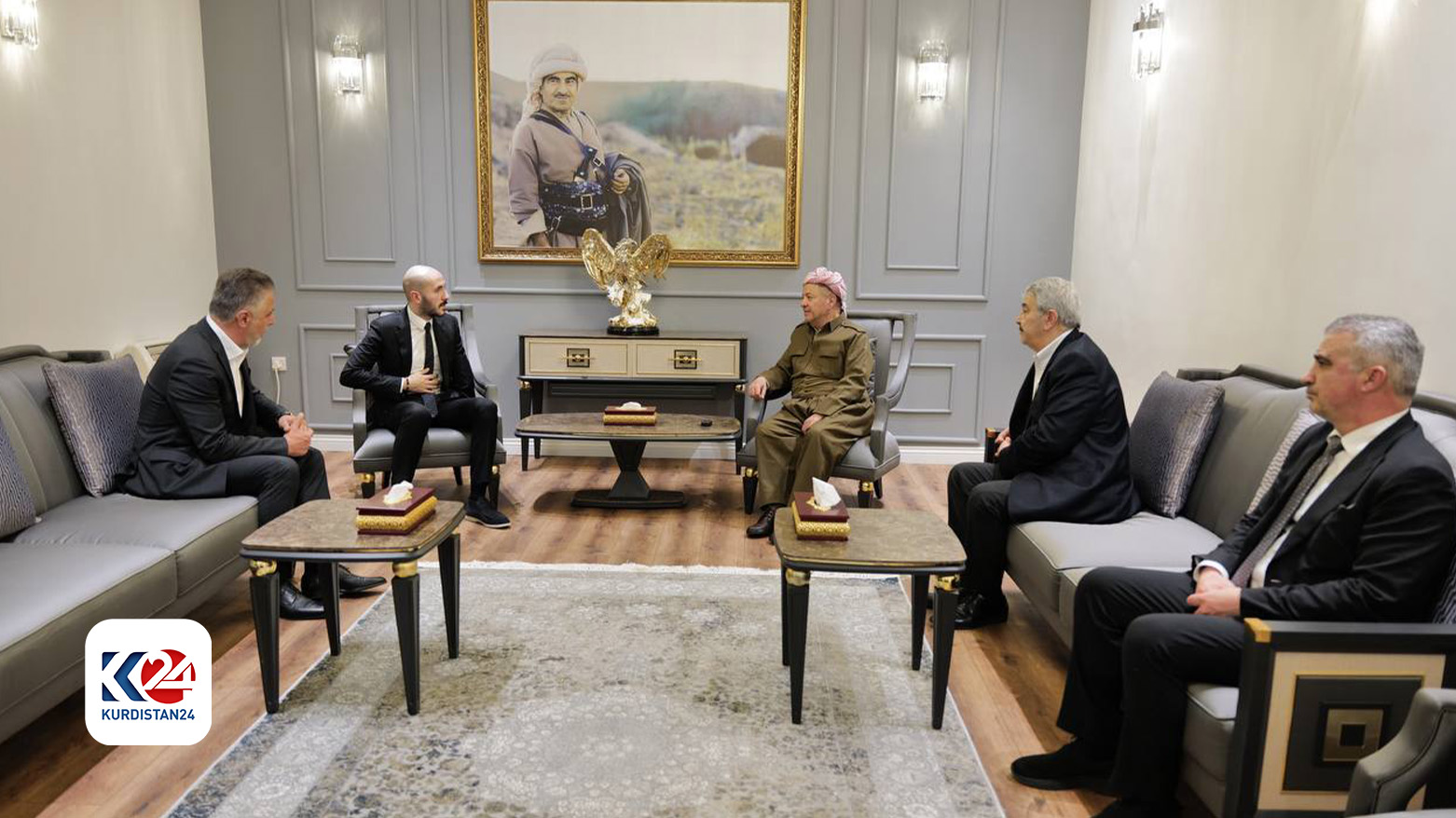 Kurdistan Democratic Party KDP President Masoud Barzani (top right) during his meeting with the late Peshraw Dizayee’s family, Feb. 26, 2024. (Photo: Barzani Headquarters)