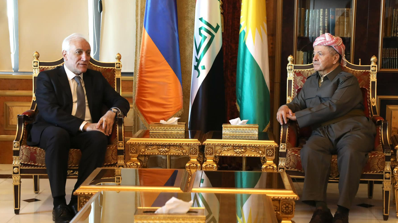 President Masoud Barzani (Right) during his meeting with Vahagn Khachaturyan, the President of the Republic of Armenia (Left). (Photo: Barzani HQ)