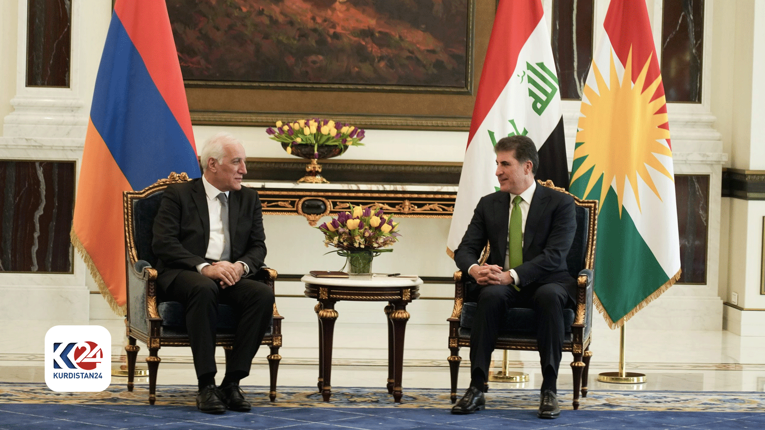 President Nechirvan Barzani (Right) during his meeting with the President of the Republic of Armenia Vahagn Khachaturyan (Left). (Photo: Kurdistan24)