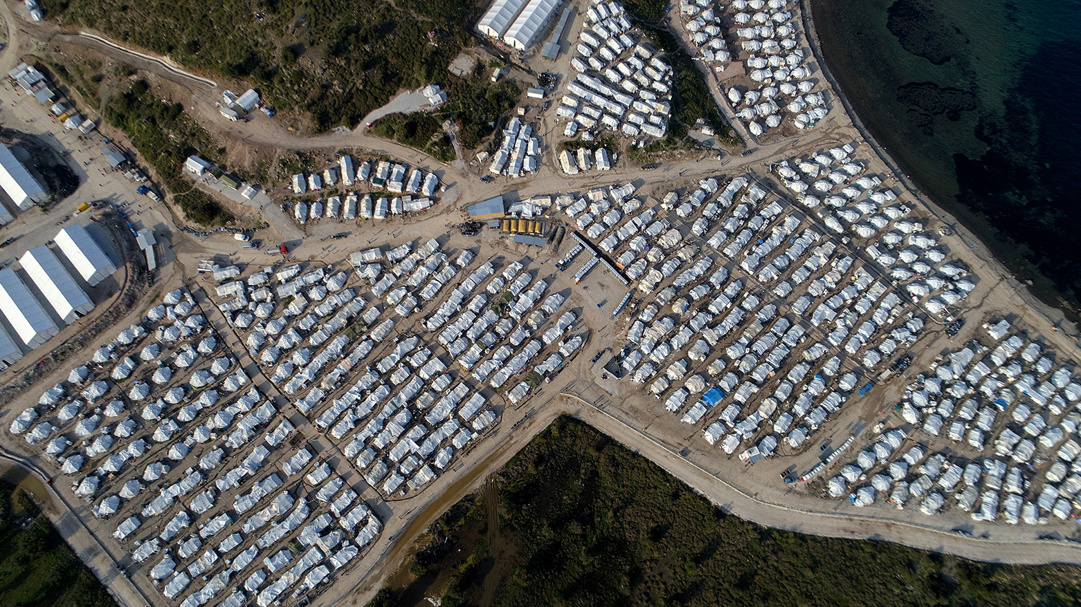 Tents are seen from above at Karatepe refugee camp, on the eastern Aegean island of Lesbos, Greece. (AP Photo/Panagiotis Balaskas)