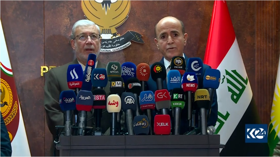 Second Deputy Speaker of the Iraqi Parliament Bashir Hadad, and Peshmerga Minister Shorish Ismail during the press conference, Jan. 4, 2021. (Photo: Kurdistan 24)