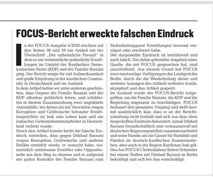 The German FOCUS magazine statement in German language, in which it expressed its regret on the 'misleading' report on KRG Representative Mr. Dilshad Barzani in Berlin.(Photo: ) 