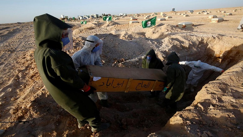Iraqis wear protective suits as they bury the coffin of a man who passed away due to COVID-19. (Photo: Reuters)