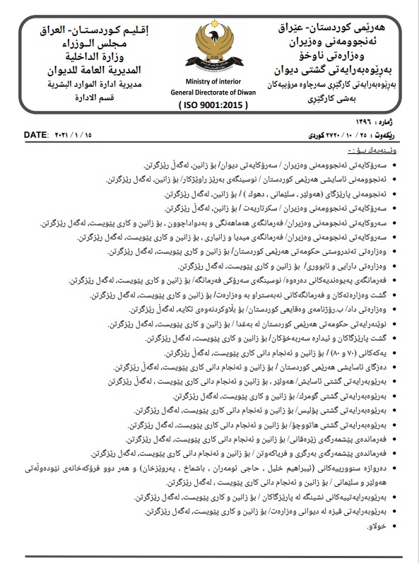 به‌یاننامه‌ی ژماره‌ (1)ی ساڵی 2021ی وه‌زاره‌تی ناوخۆی هه‌رێمی كوردستان تایبه‌ت به‌ رێكاره‌كانی رووبه‌ڕووبوونه‌وه‌ی كۆرۆنا