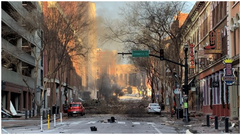 Damage is seen on a street after the Christmas 2020 explosion in Nashville, Tennessee. (Photo: Metro Nashville Police Department/AFP)