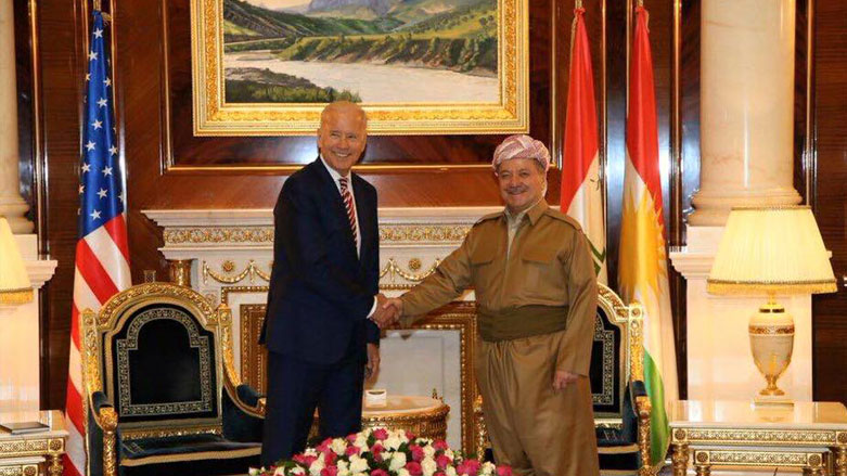 Masoud Barzani, former president of the Kurdistan Region (right), shakes hands with then-US Vice President Joe Biden in Erbil, April 28, 2016. (Photo: Archive)