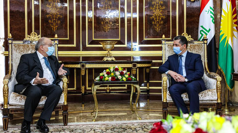 Kurdistan Region Prime Minister Masrour Barzani (right) meets with Greek Ambassador to Iraq Leonidas Kontovounesios in Erbil, Jan. 28, 2021. (Photo: KRG)