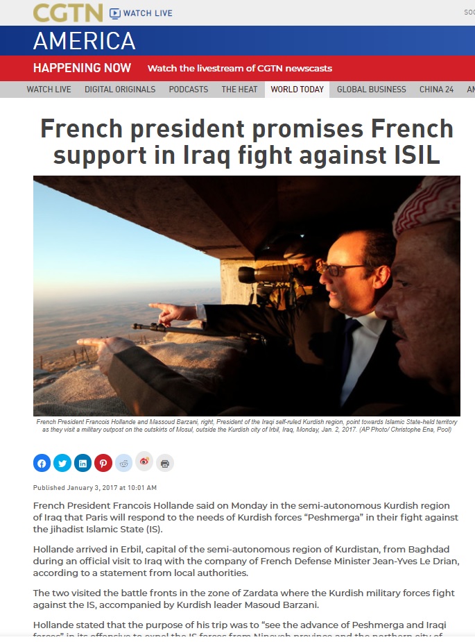 پرزیدنت بارزانی و فرانسوا اولاند در حین بازدید از یکی از سنگرهای پِشمَرگَ