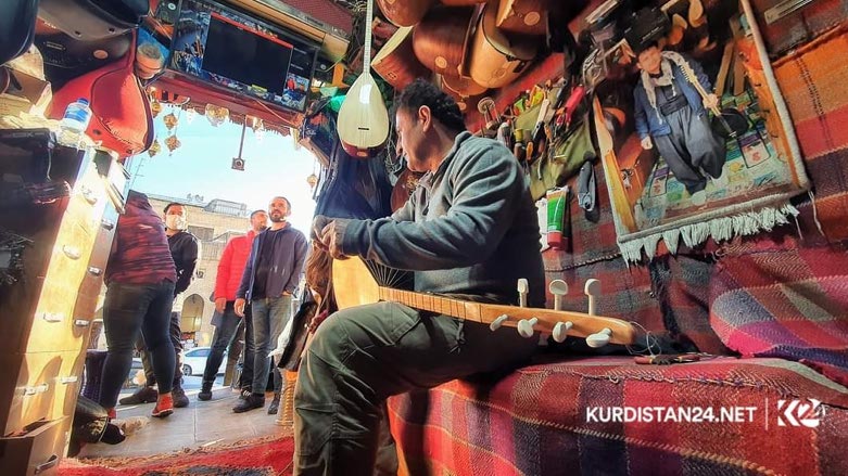 Bakr Sazvan (pictured) owns a shop for saz instruments in Erbil citadel. (Photo: Bakr Sazvan)