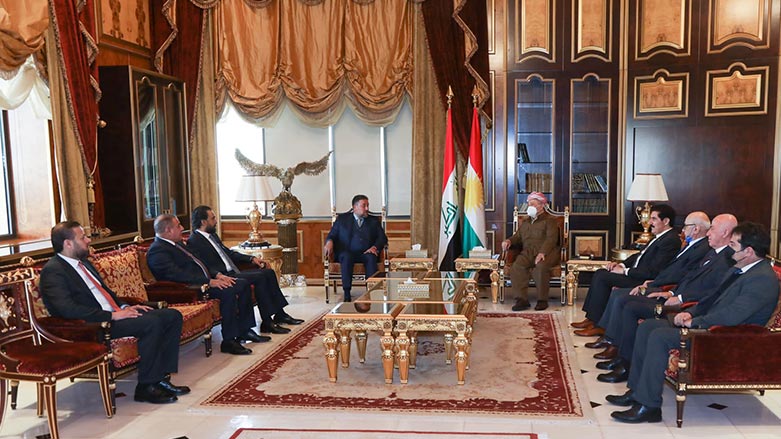 KDP President Masoud Barzani, in a meeting with former parliament speaker Mohamed al-Halbousi, the head of the Progress Party, and Khamis al-Khanjar, the leader of the Azm Alliance, on Jan. 8, 2022. (Photo: Kurdistan 24)