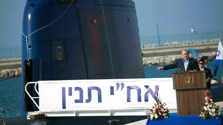 Former Israeli prime minister Benjamin Netanyahu gives a speech next to an INS Tanin, a Dolphin AIP class submarine, during a ceremony upon its arrival at a naval base in the Israeli city of Haifa, on September 23, 2014. (Photo: Amir Cohen 