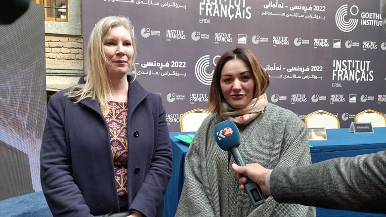 Anaïs Boelicke, Director of the German Institute in Iraq and Agnès Banipal, Director of the French Institute in Erbil, being interviewed by Kurdistan 24, Jan. 22, 2022. (Photo: Kurdistan 24)